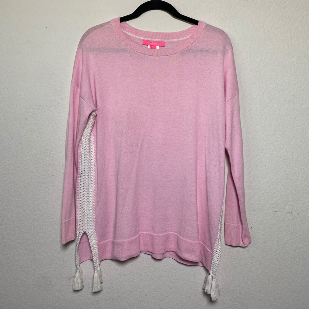 Lilly Pulitzer Pink Crochet Side Tassel Coolmax Knit Sweater Womens Small Beach